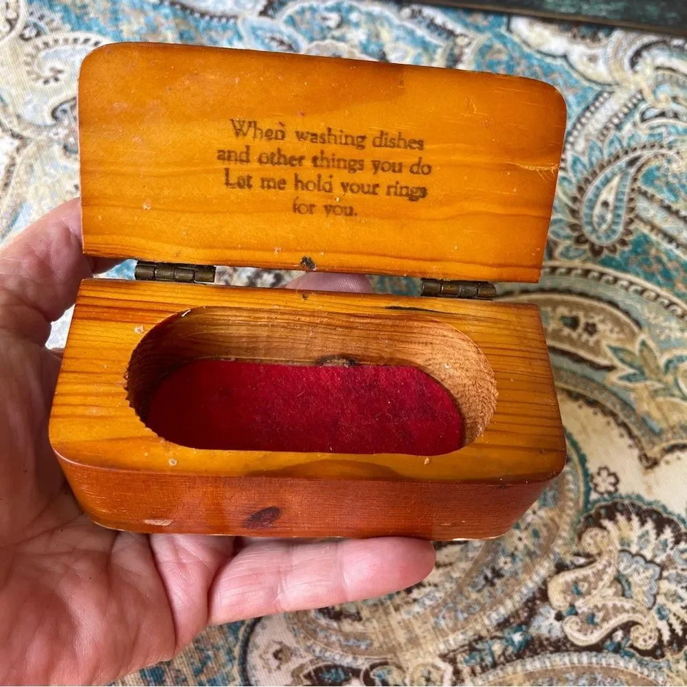 Wooden Ring Keeper Box Vintage Red Felt Poem Folk Art 1950s 1960s